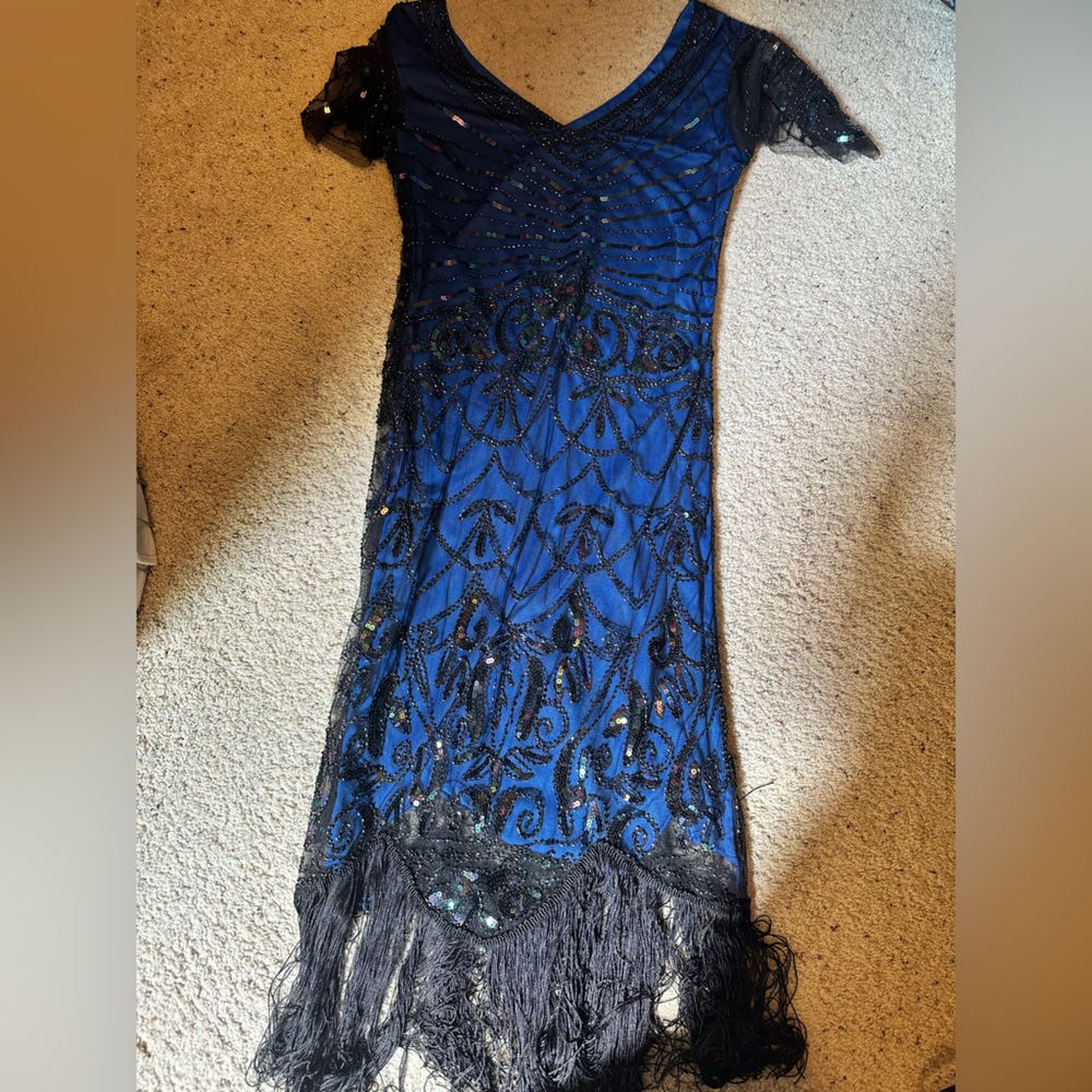Blue and Black Beaded Flapper Dress